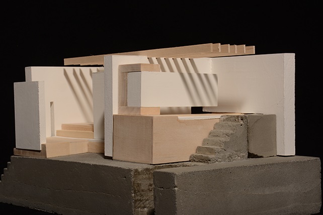 Photograph of architectural model made with wood and concrete