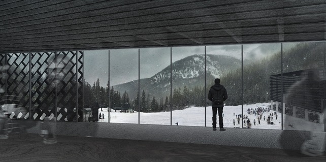 Rendering of interior space of a ski lodge design