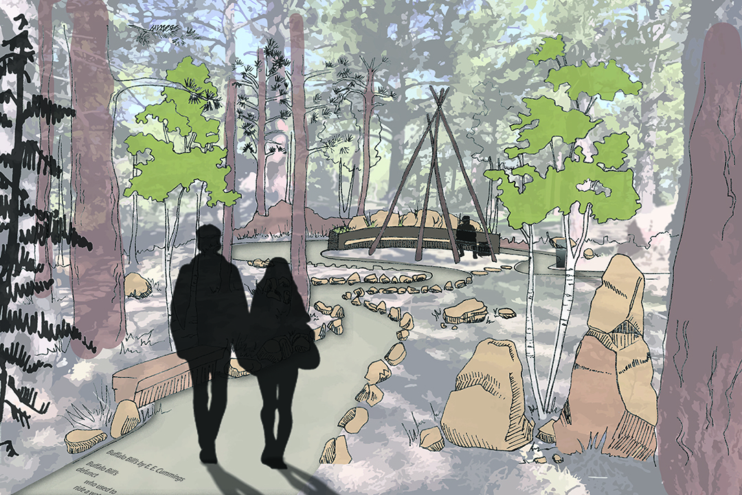 A rendering with a couple taking a stroll down Performer's Path.