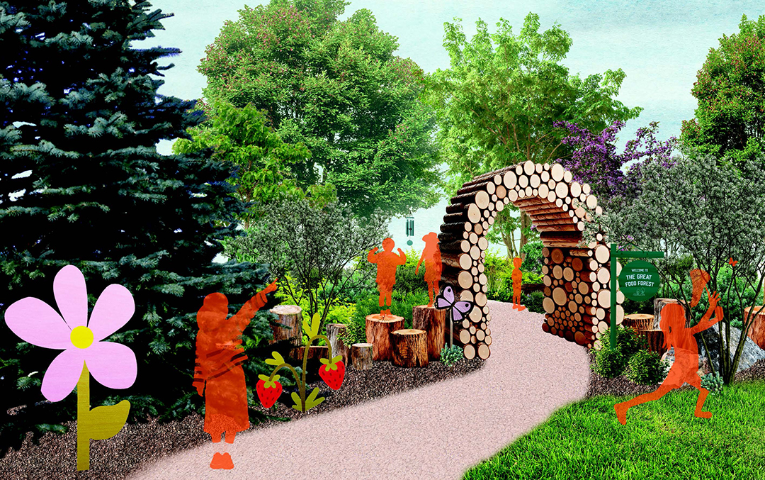 Rendering of an entrance to a garden with kids playing.