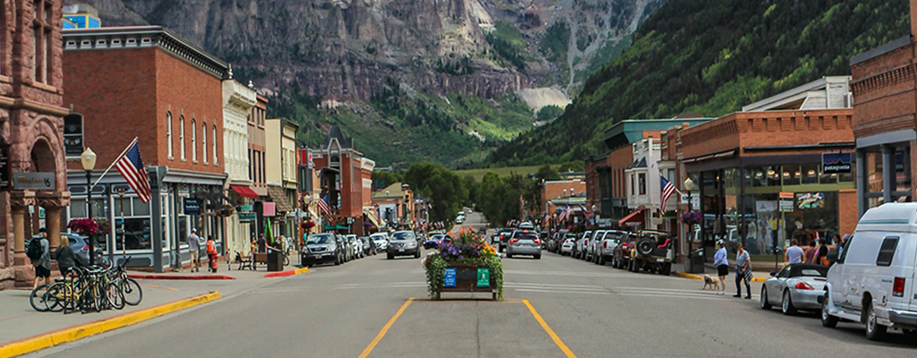 A view of Downtown Telluride from the center of the street.