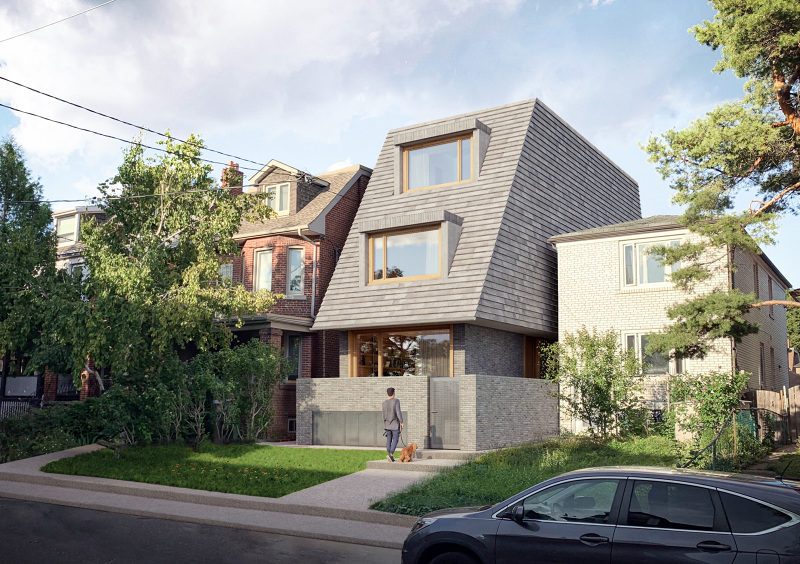 Rendering of the exterior of the Annex House with a person walking toward the front door with a dog on a leash.