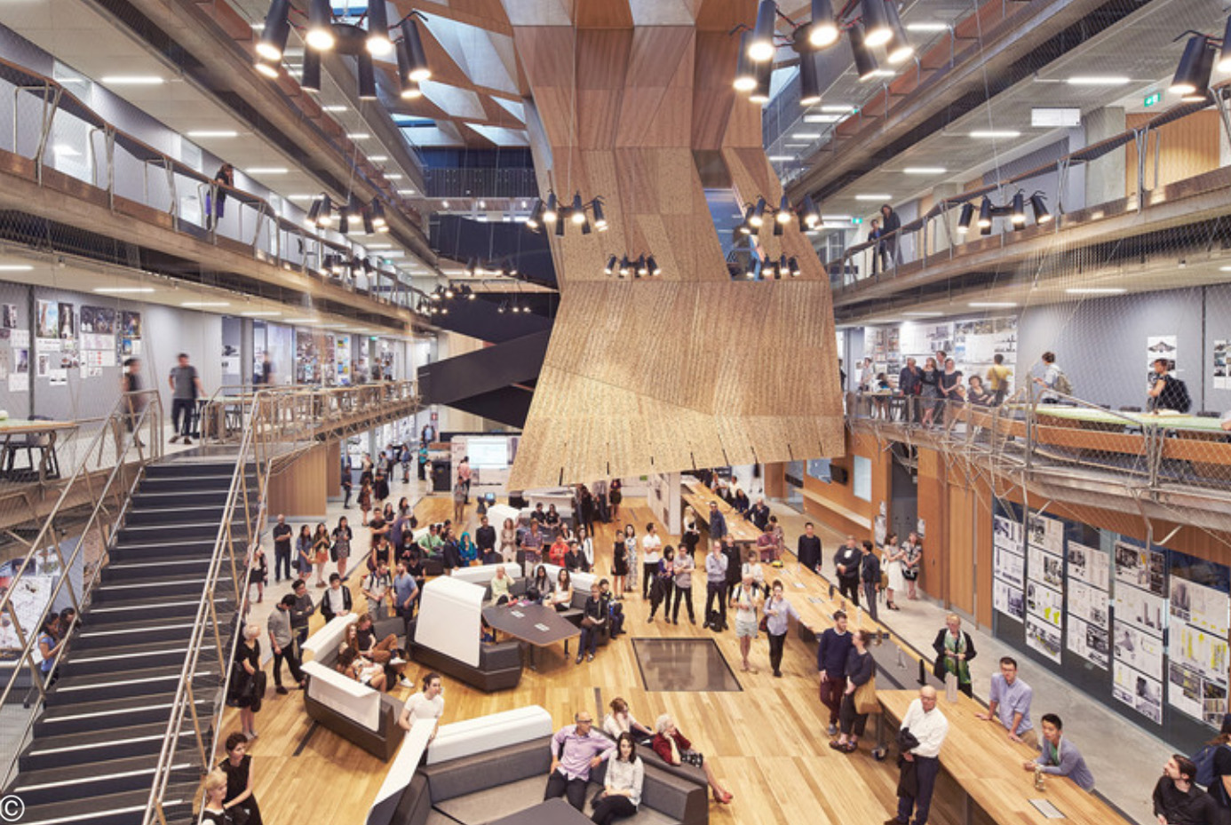 The interior of the Melbourne School of Design main atrium.