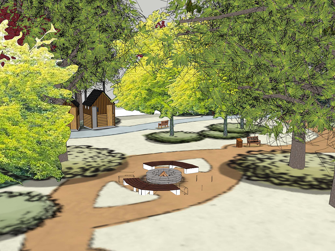 Rendering of Mind Grown Gardens with a fire pit in the center.