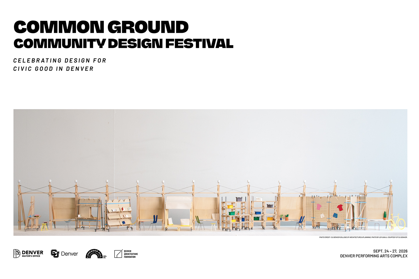 Common Ground Community Design Festival Celebrating Design for Civic Good in Denver with an image of miniture versions of the exhibition layout.