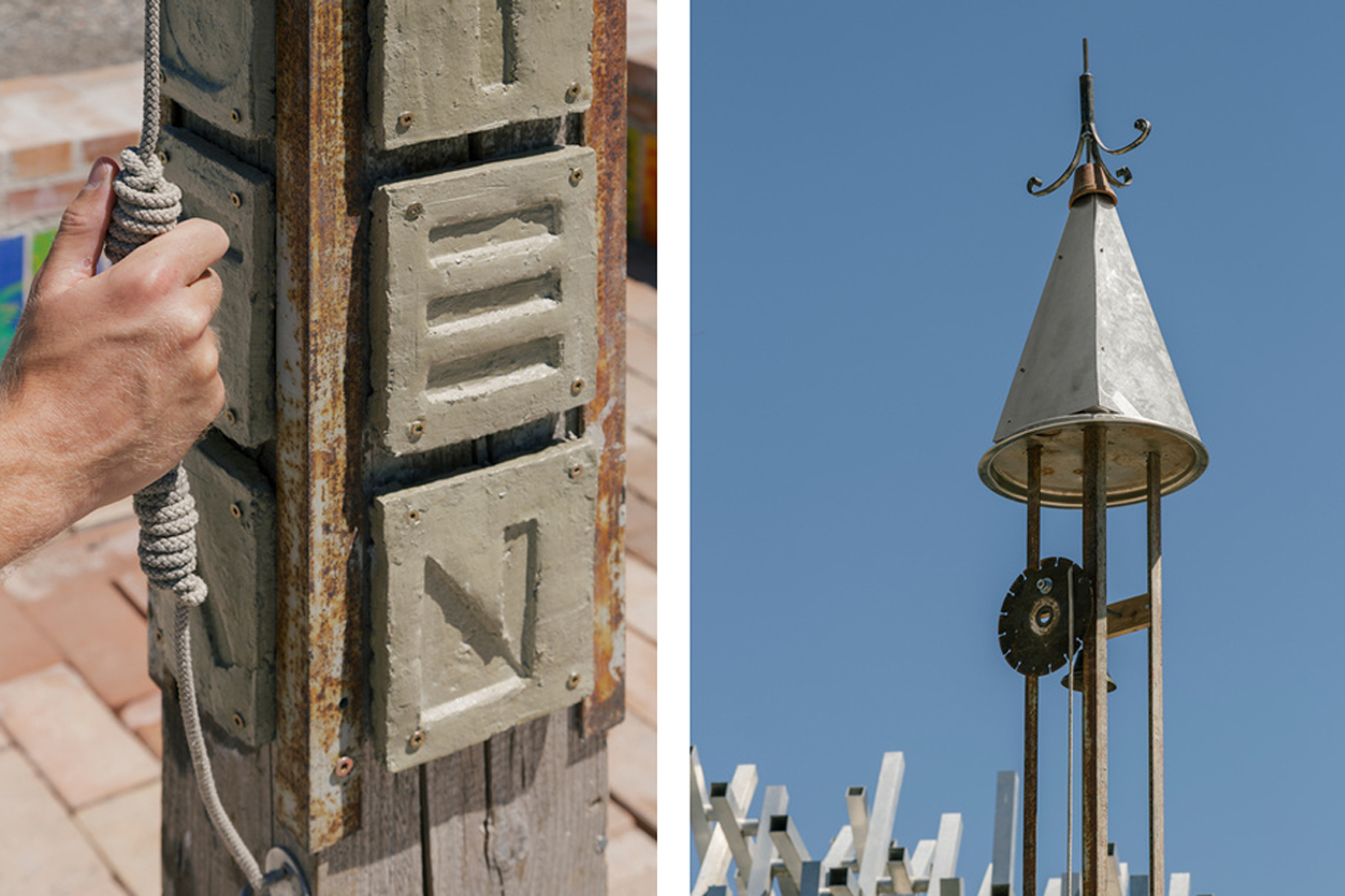 Two images from a public installation called Rituals of Assembly including embossed concrete and a steel tower.