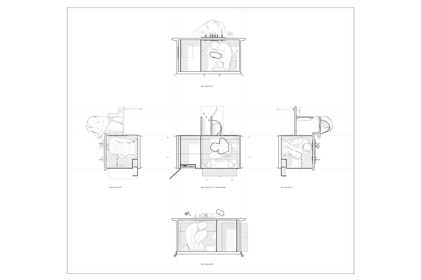 A sketch of a rolling card with a figure playing chess on top of the card and another figure hiding inside the cart.