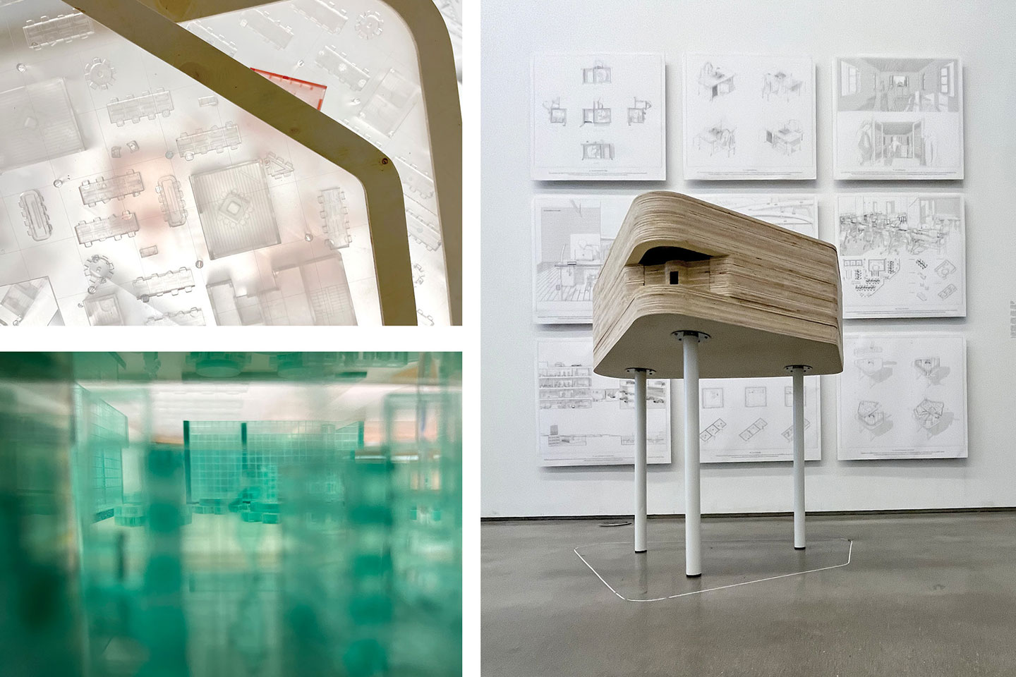 Three images, one of a transparent, 3D printed model from underneath the model, the second from the inside of a transparent, green interior of a model, and the third is the a wooden exterior of the model with no windows.