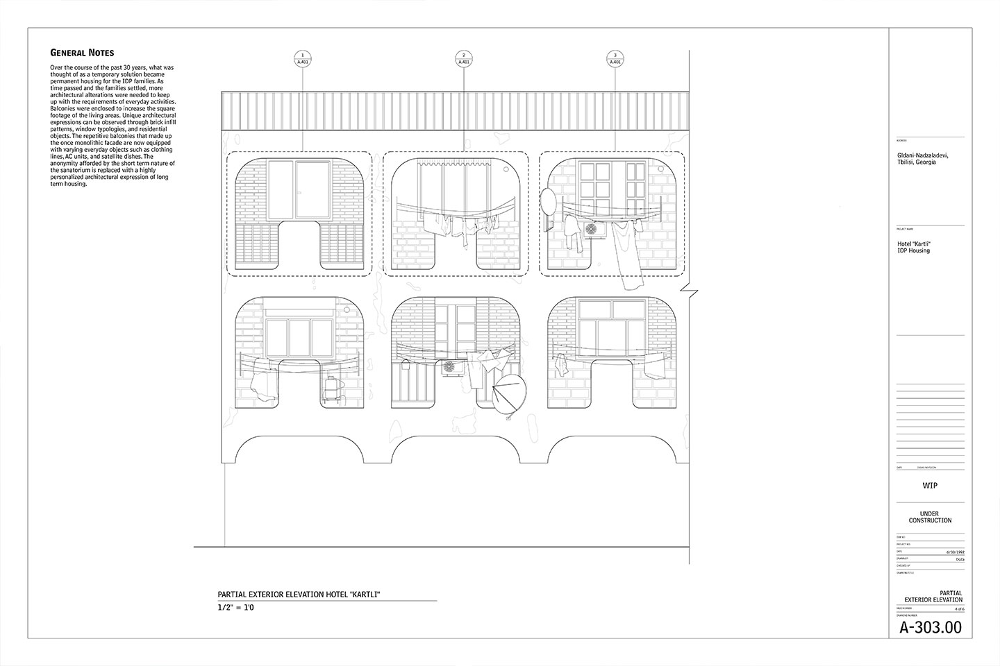 A line drawing of the partial exterior of a hotel looking at two stories with three windows on each story and clothes lines set outside each window.
