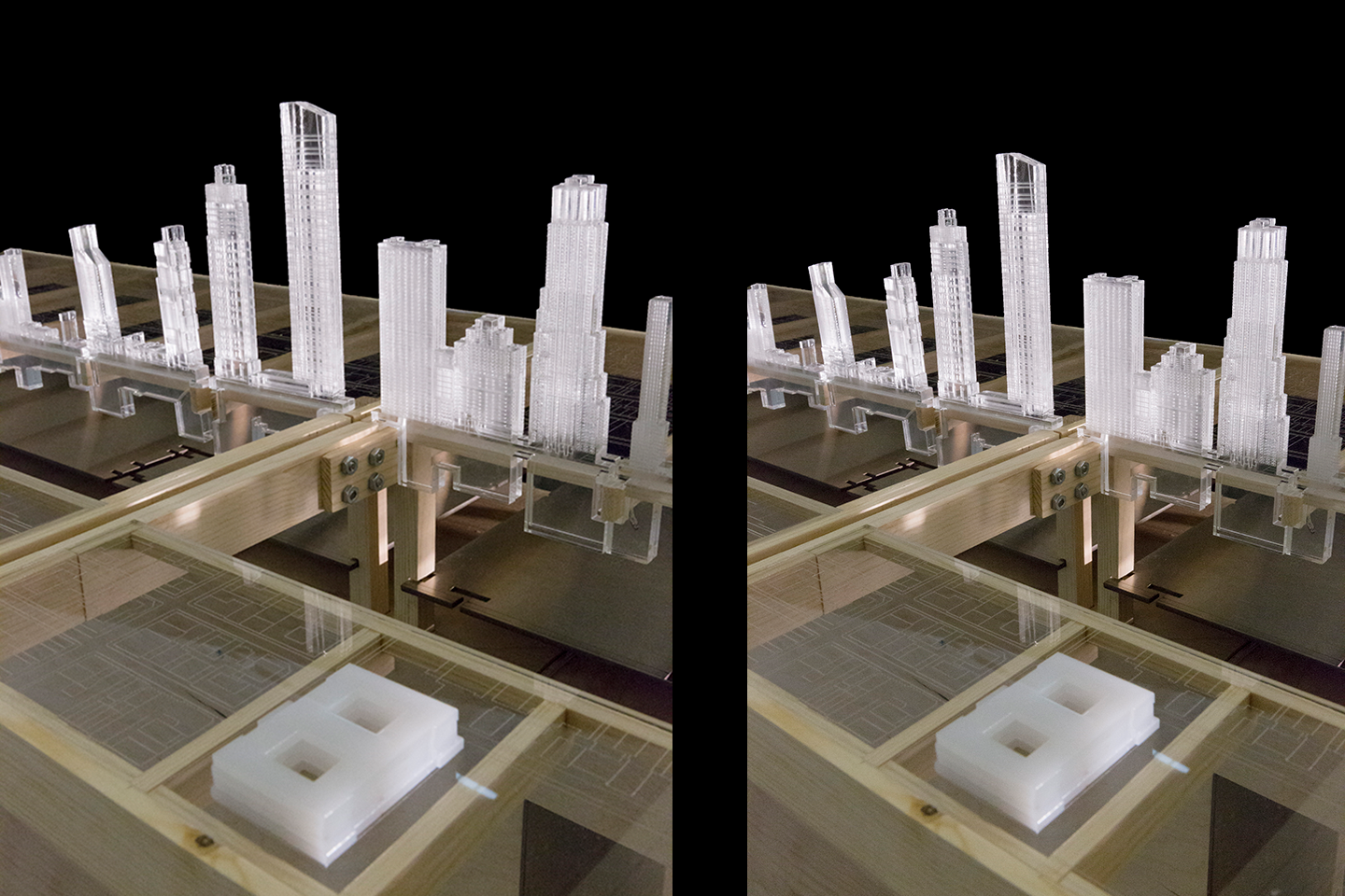 Two angles of a site model depicting 42 Street in Manhattan, NY featuring a wooden base with plexiglass squares and 3D printed building models.