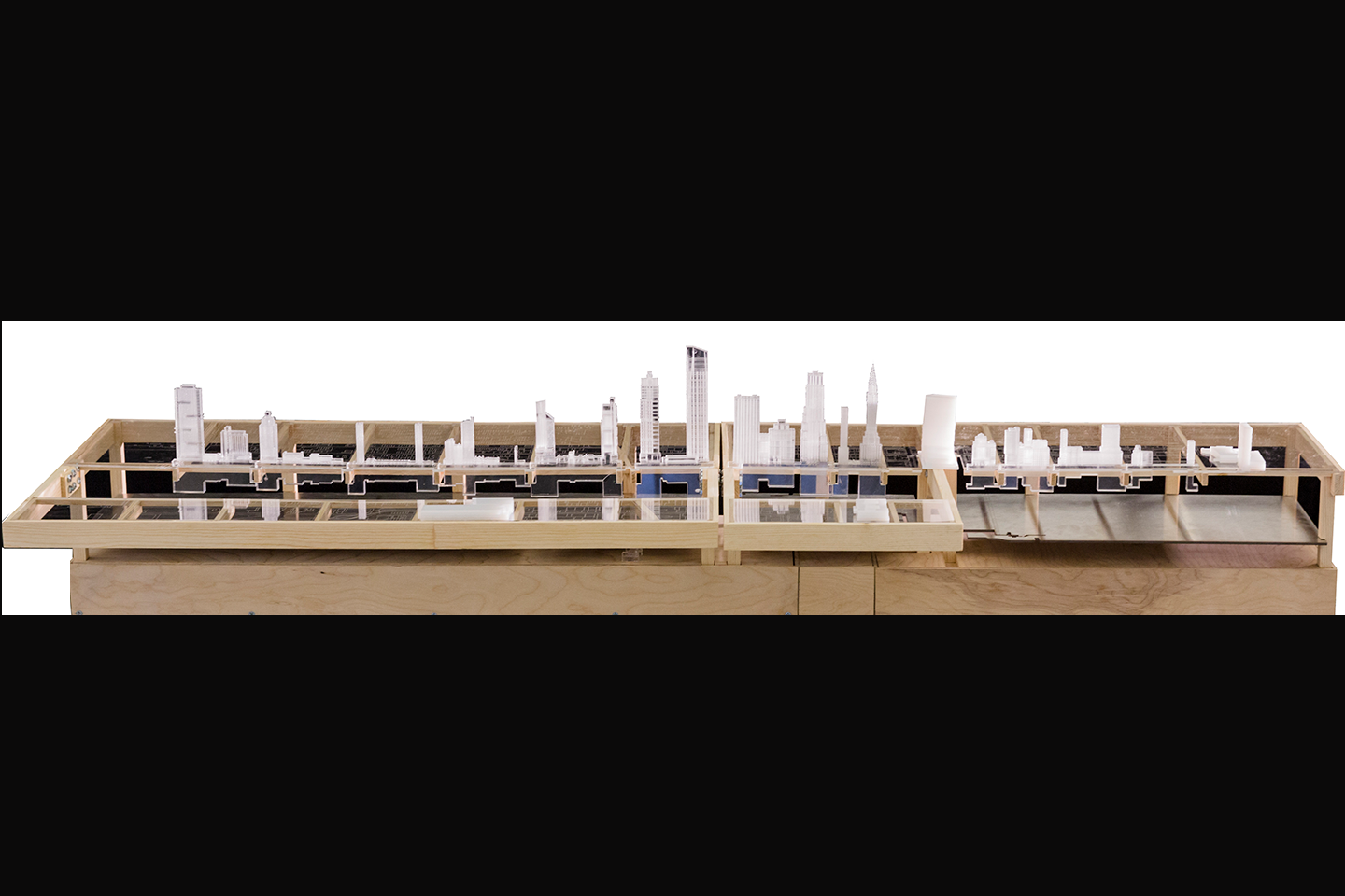 A view of the fullscale of the 42nd Street, Manhattan, NY model looking down the length of the street.