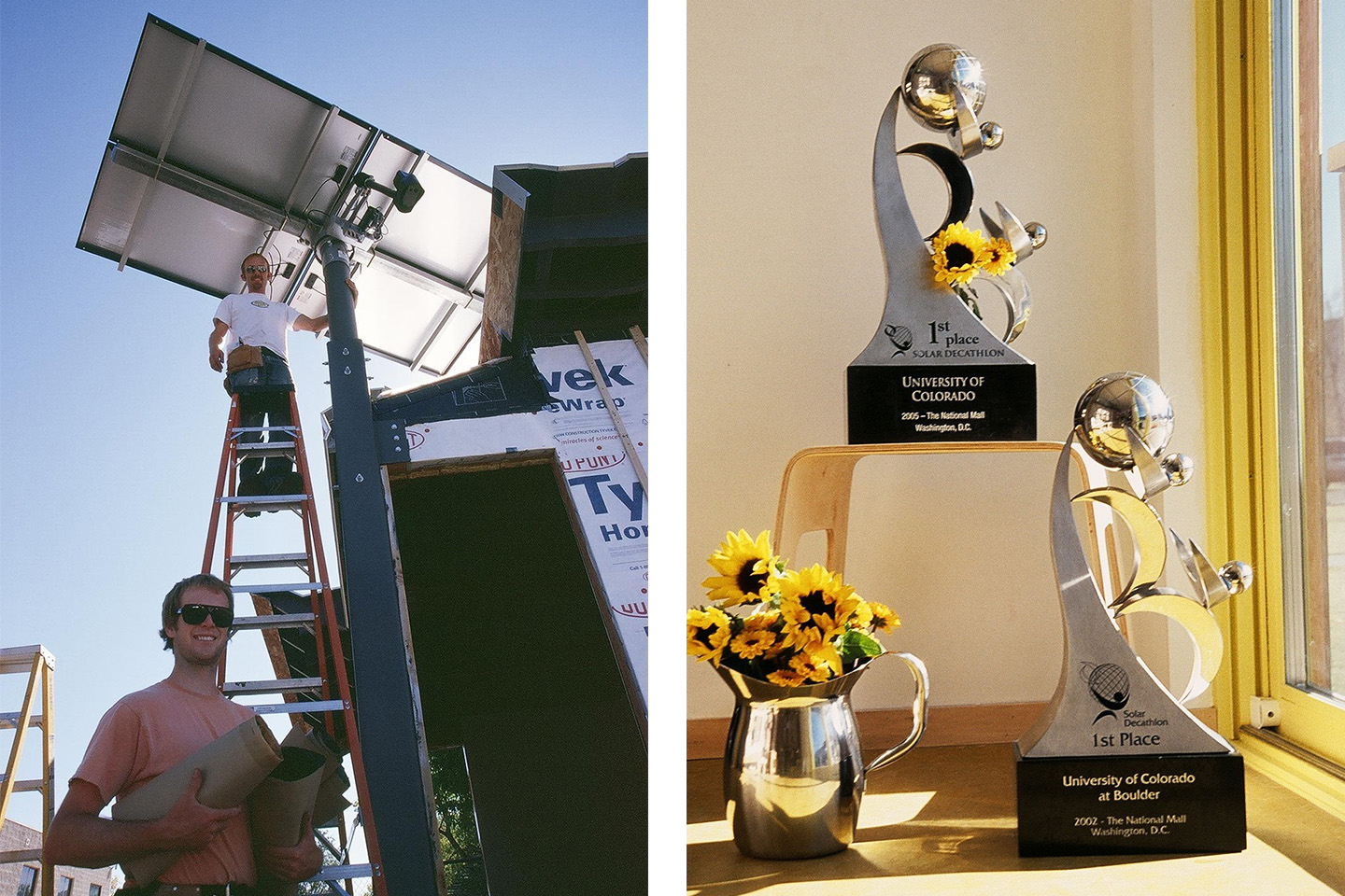 On the left, two students construct the Solar Decathlon home, and on the right are two first-prize awards for the Solar Decathlon.