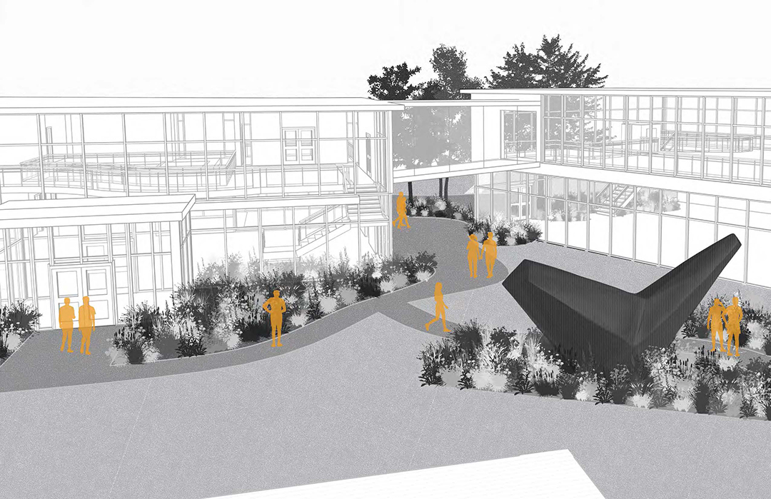 A rendering of a plaza with a sculpture on the right and orange silhouettes of people walking around the space.