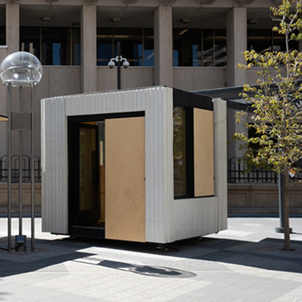 The exterior of a kiosk located along the 16th Street Mall.