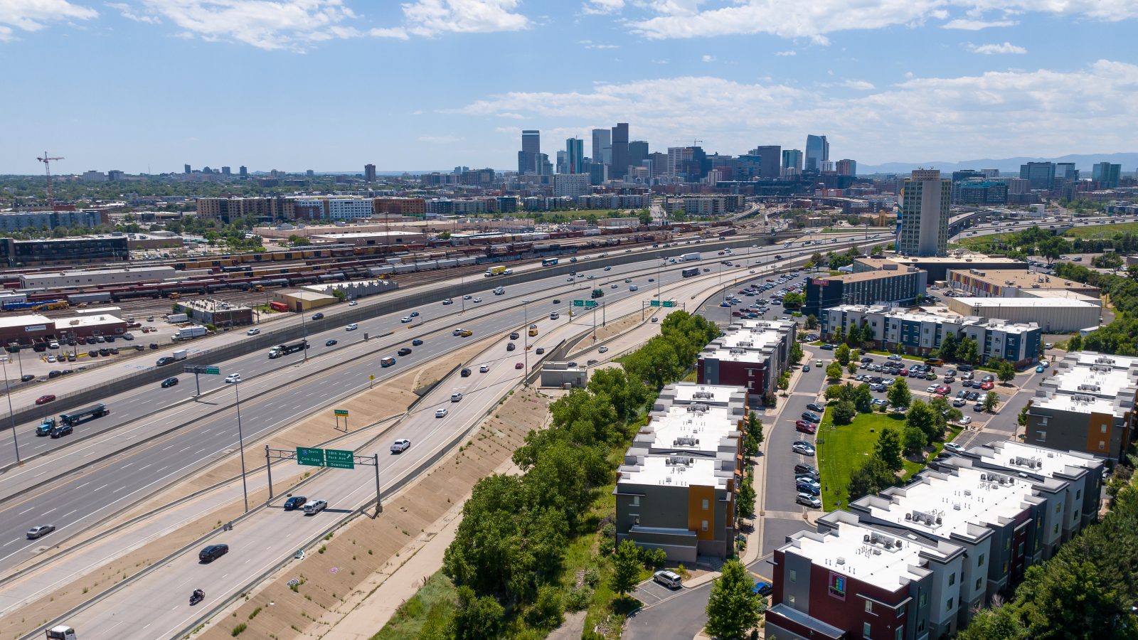 Aerial photo of Denver with a view of Downtown as well as Interstate 70.
