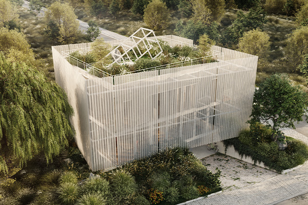 Cube shaped white building with a green roof.