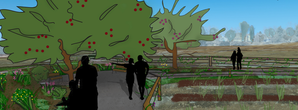 Rendering of people walking through an apple orchard.