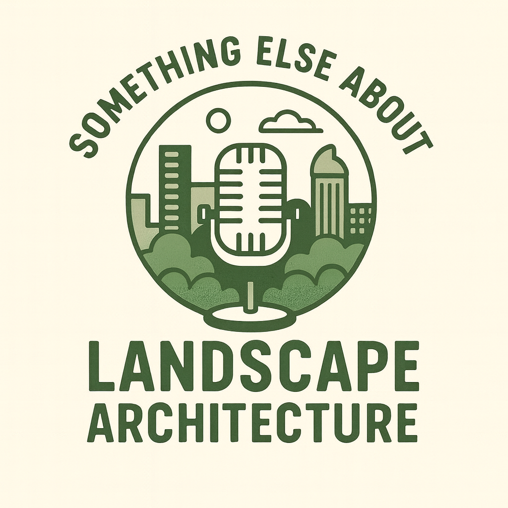 An icon for the Something Else About Landscape Architecture Podcast containing trees and skyscrapers behind a microphone.