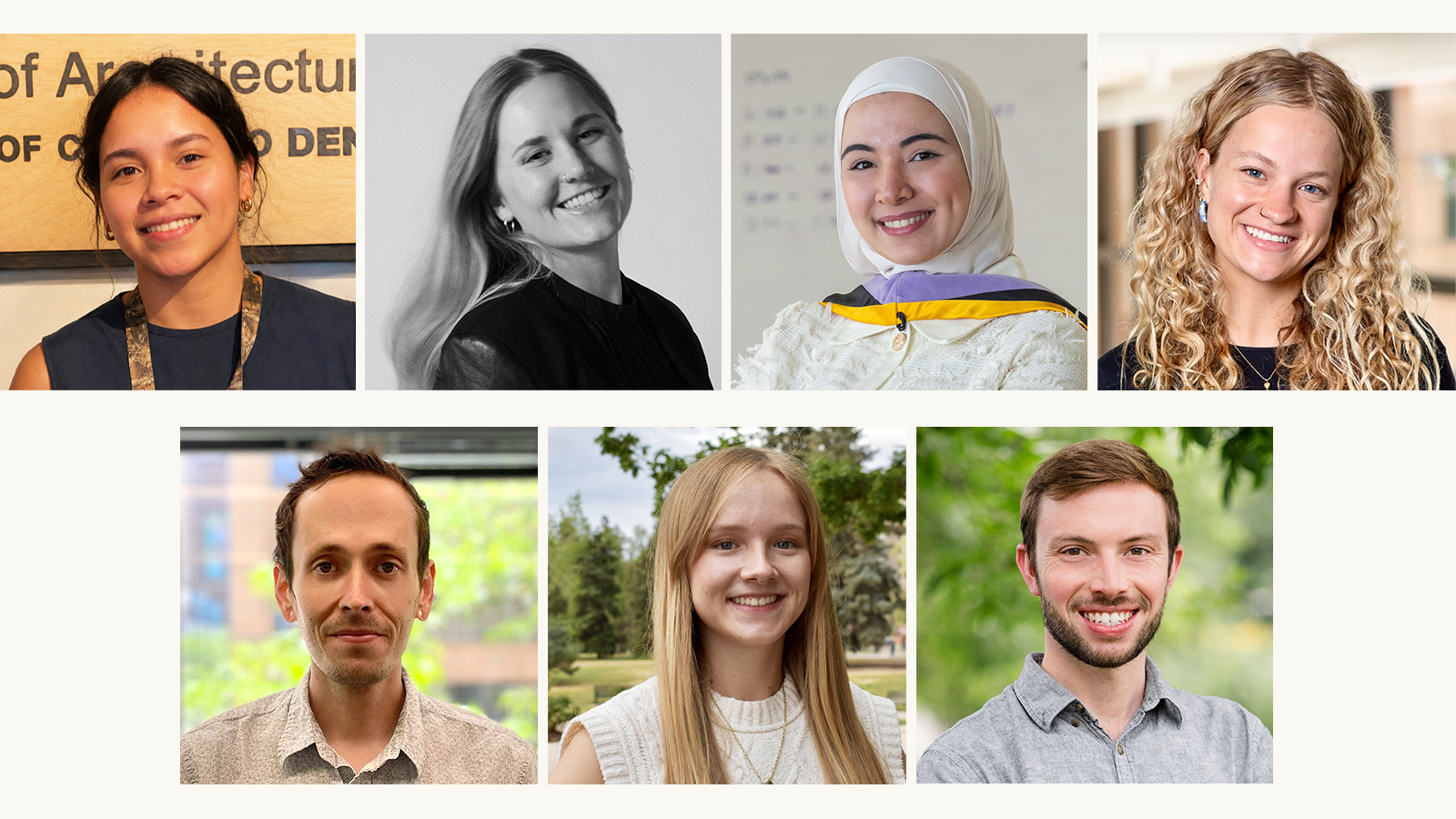 Headshots of the Spring 2026 Outstanding Graduates from left to right, Samantha Guerra, Maddie Fulmer, Dania Morelli, Anna Nielsen, Phil Runnning, Bryn Hall, and Dan Schumacher.