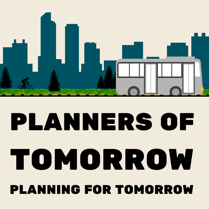 Planners of Tomorrow, Planning for Tomorrow graphic that features an illustration of a bus driving down a road with a person on a bike in the distance and trees.