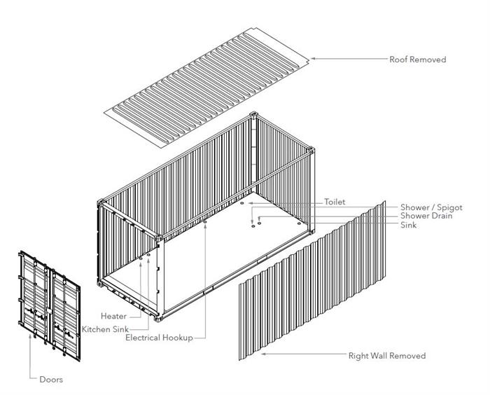 Drawing of steel shipping container home
