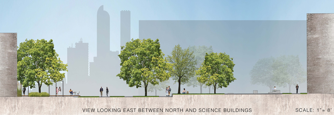 Auraria Campus for LUCI section view east between N and S science buildings