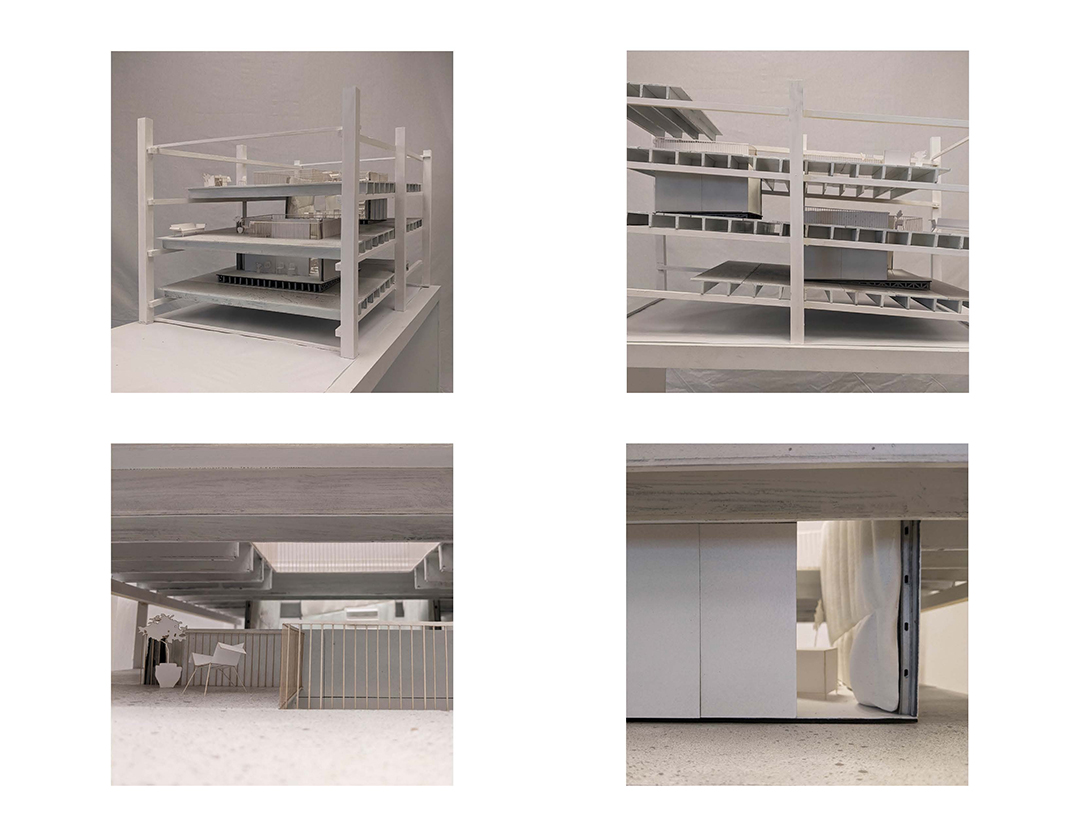 Four images of the project model of the showing the wall system in use.