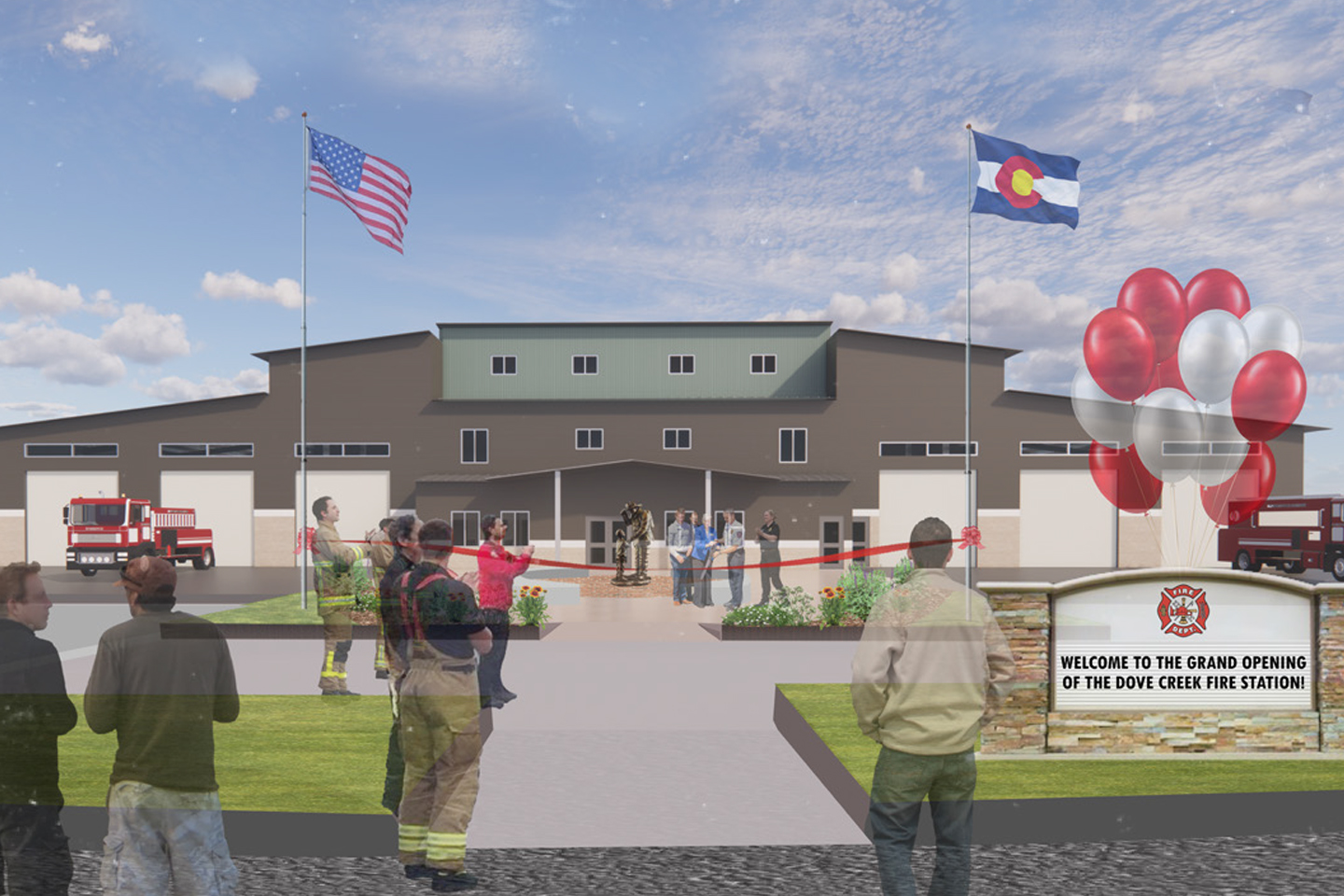 Exterior render of the Dove Creek Fire Station with people outside the building cutting the ribbon and American and Colorado state flags.
