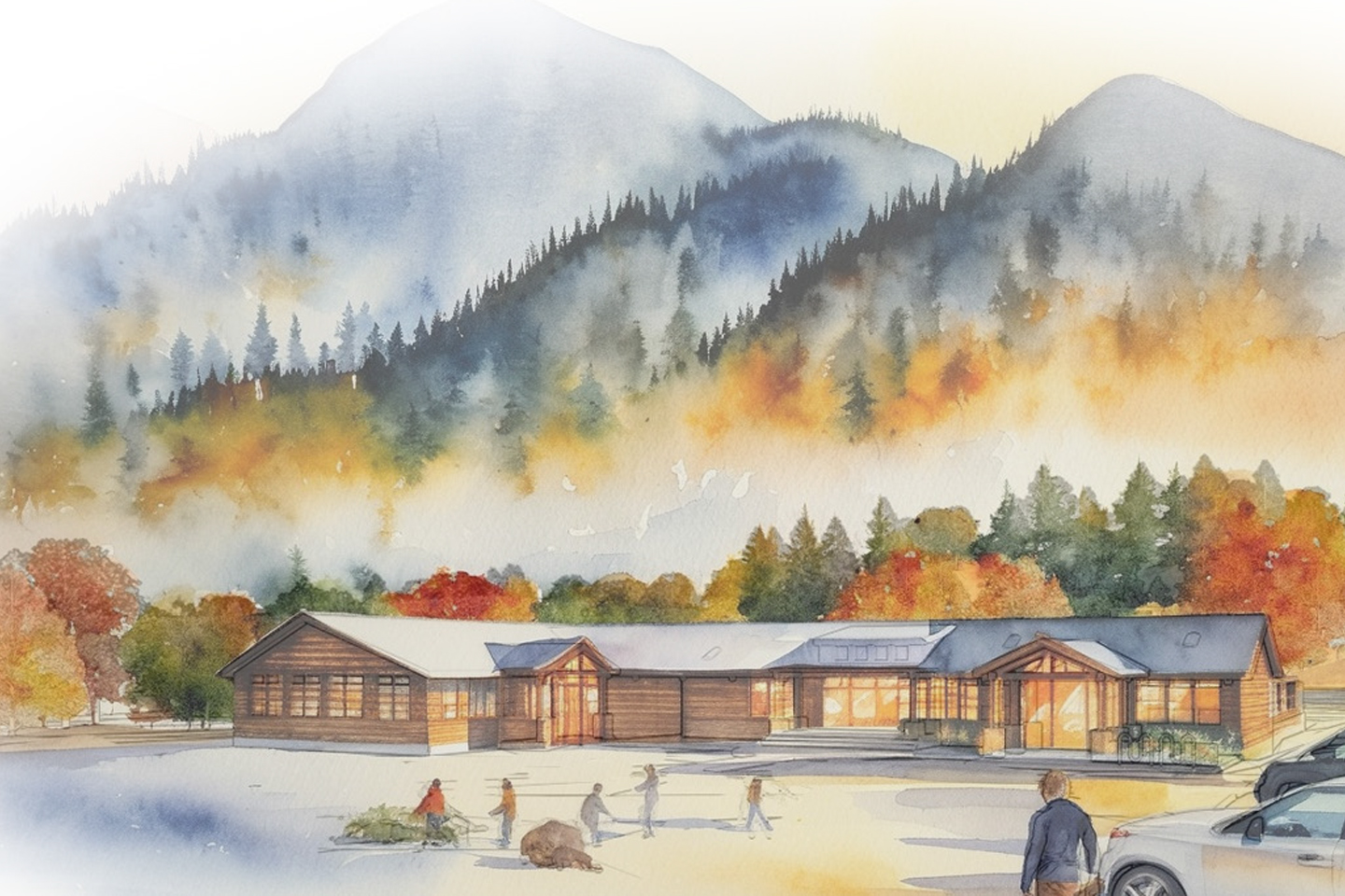 A watercolor-style render of the community park building in front of mountains.