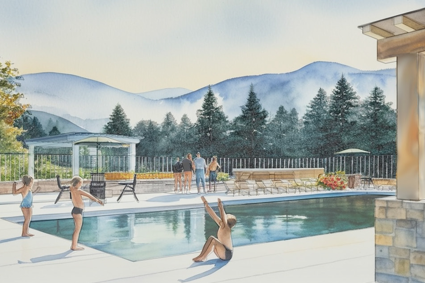 Watercolor-style rendering of the pool with kids playing, pool-side chairs, and mountains in the background.