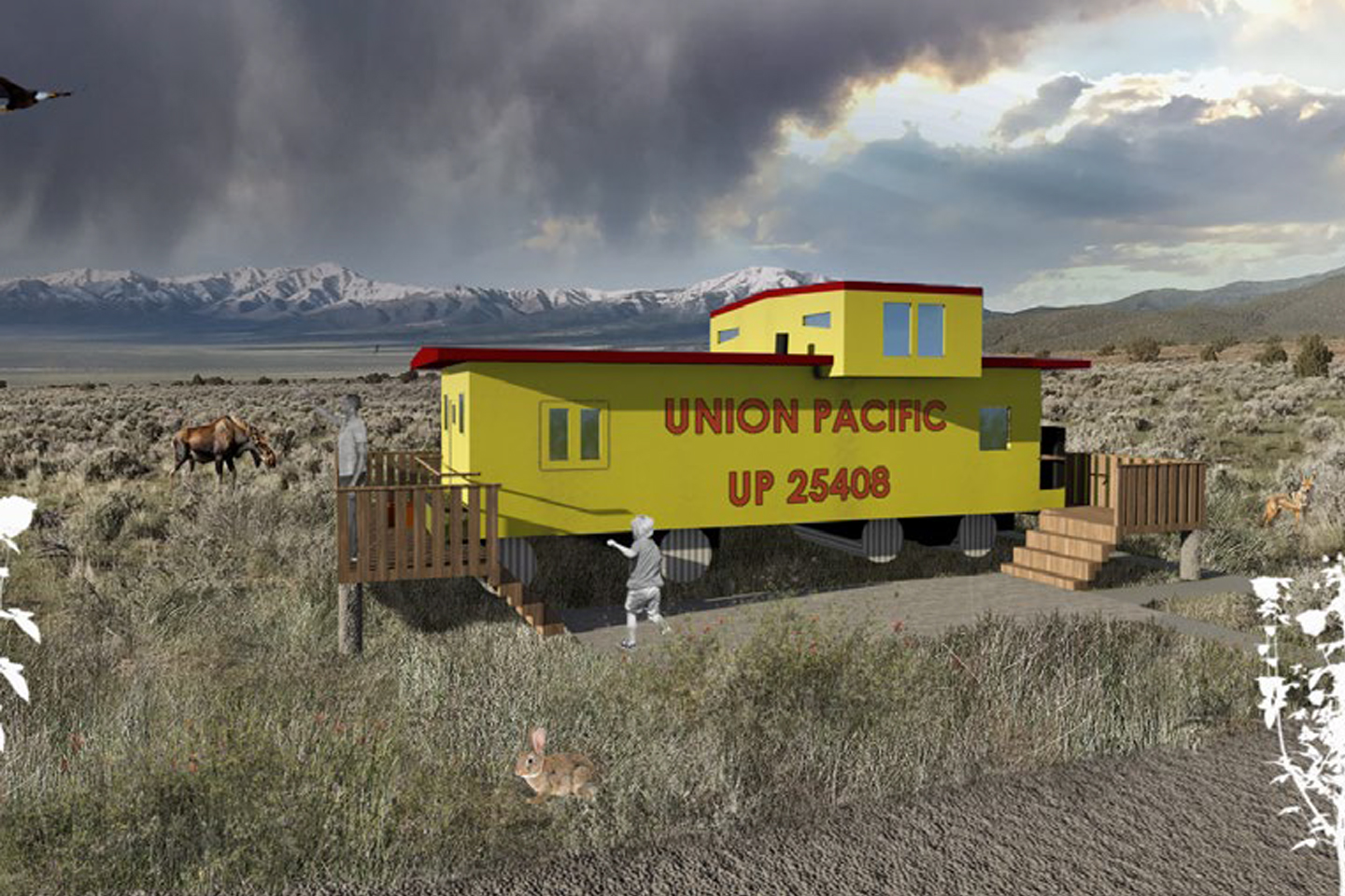 Rendering of the experior of a bright yellow facility with Union Pacific written on the side of the building.