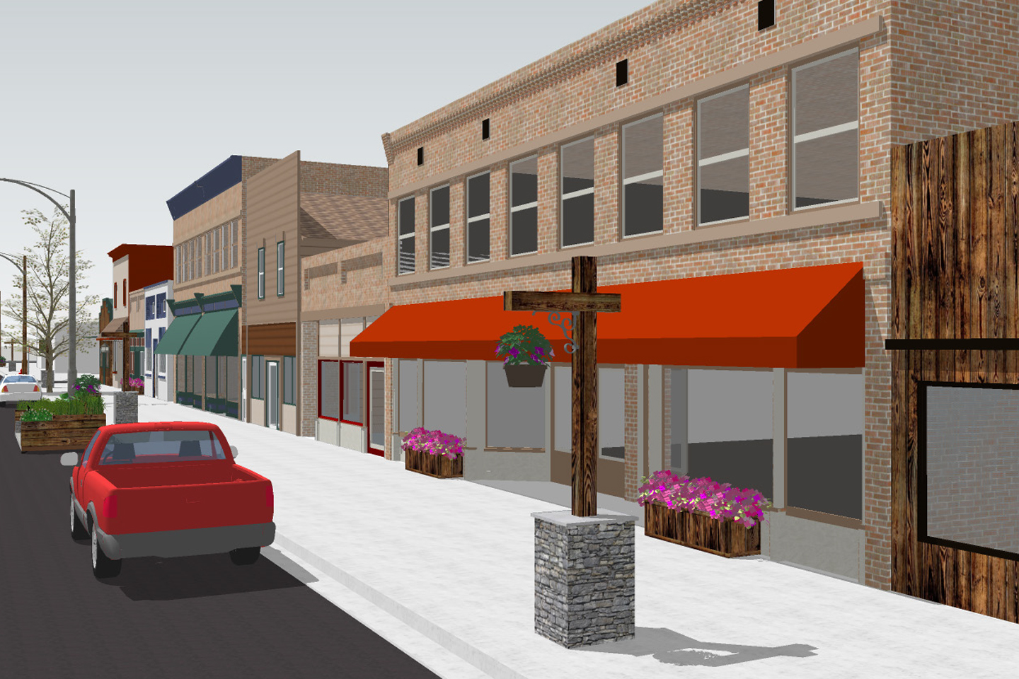 A rendering of a downtown building with potted plants outside and a red truck parked in front of the building.