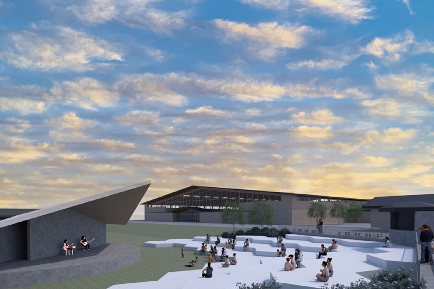 A rendering with people sitting on the new staired seating across from an ampitheater with two guitarists and over looking the rest of the fairgrounds.