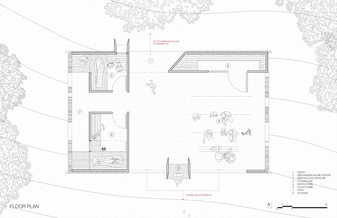 The final floorplan of the outpost including the entry, the bird banding work station, the bird release aperture, the classroom, north cabin, south cabin, patio, and storage.