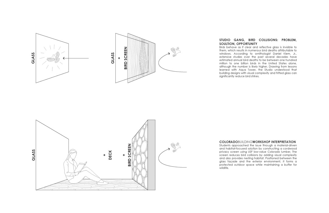 A demonstration of how Studio Gang approached designing windows to prevent bird collisions while flying and the ColoradoBuildingWorkshop's solution to include a bird screen and the inclusion of Colorado lumbar.