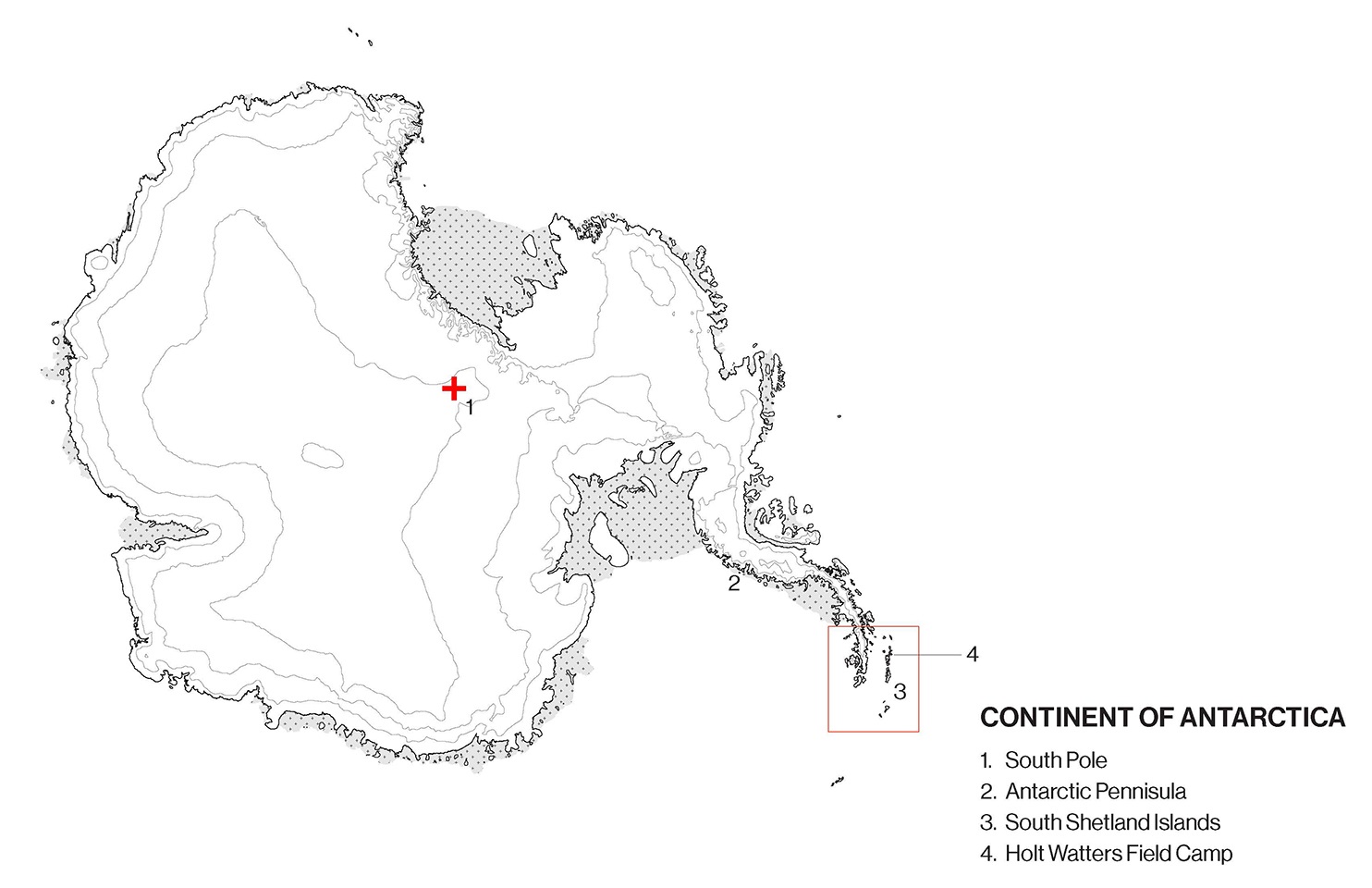 Map of Antarctica with the location of Holt Watters Field Camp notated and the area's topography.