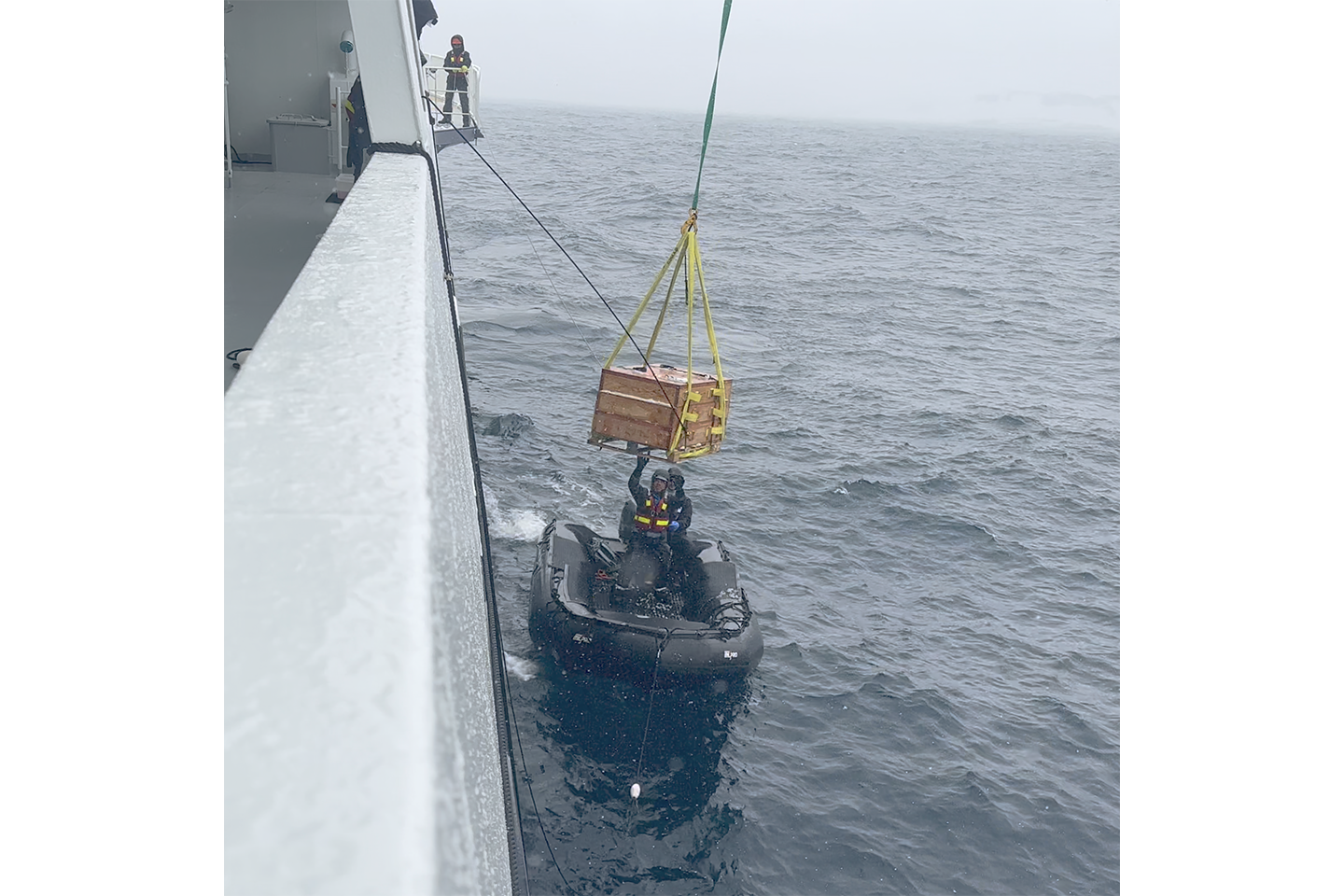 The zodiac that carried building material from the ship to the shore.