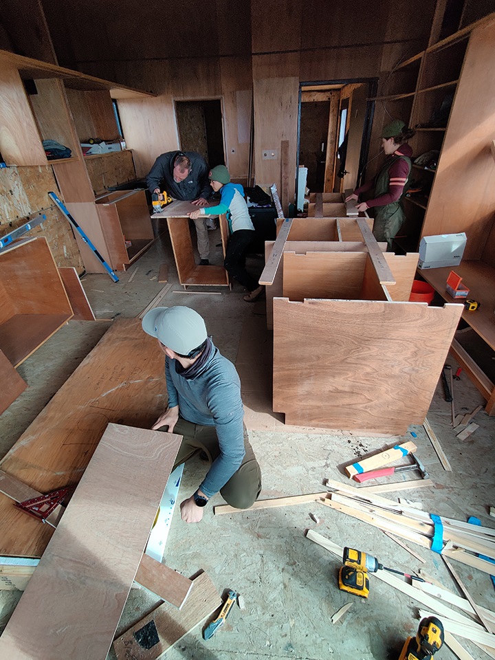 Interior view of onsite construction and the installation of furnishings.