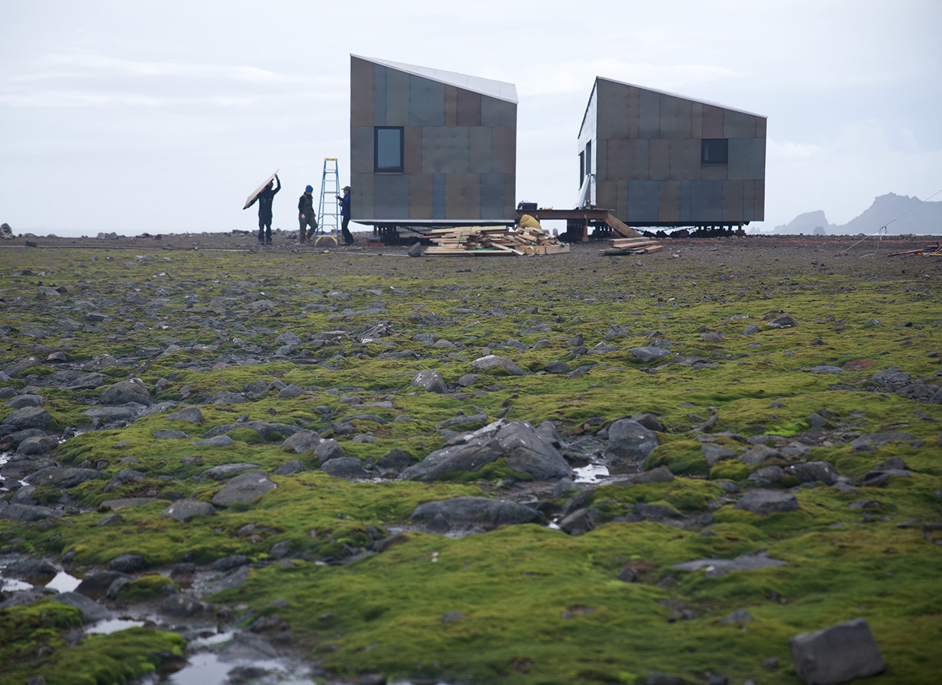 Exterior of two phase one buildings constructed on-side  in Antarctica.